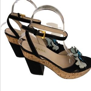 Prada Black Suede Flower Appliqué Cork Platform Sandals